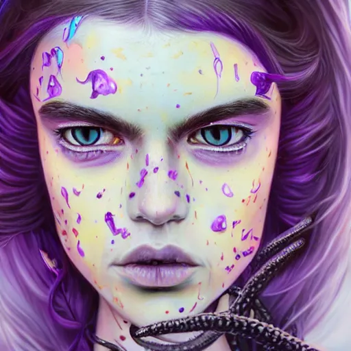 Image similar to detailed art portrait of a furious teen girl with thin, hair-like purple tentacles on her head and bright purple eyes, 8k,by tristan eaton, Stanley Artgermm,Tom Bagshaw,Greg Rutkowski,Carne Griffiths,trending on DeviantArt, face enhance,hyper detailed ,full of colour