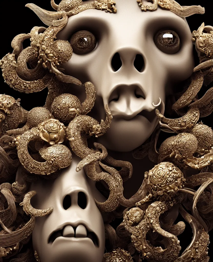 Image similar to goddess princess face close-up portrait ram skull. sculpture made of black clay and gold. jellyfish phoenix head, nautilus, orchid, skull, betta fish, bioluminiscent creatures, intricate artwork by Tooth Wu and wlop and beeple. octane render, trending on artstation, greg rutkowski very coherent symmetrical artwork. cinematic, hyper realism, high detail, octane render, 8k