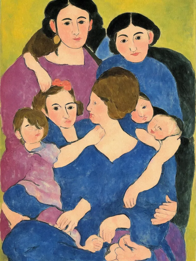 Image similar to portrait of a old woman holding a younger woman on her lap, that holds another, even younger woman, holding a girl holding a baby. painting by matisse