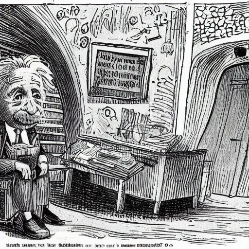 Prompt: albert einstein waiting downstairs for albert einstein who fell from the minaret, comic, high detailed, cartoon