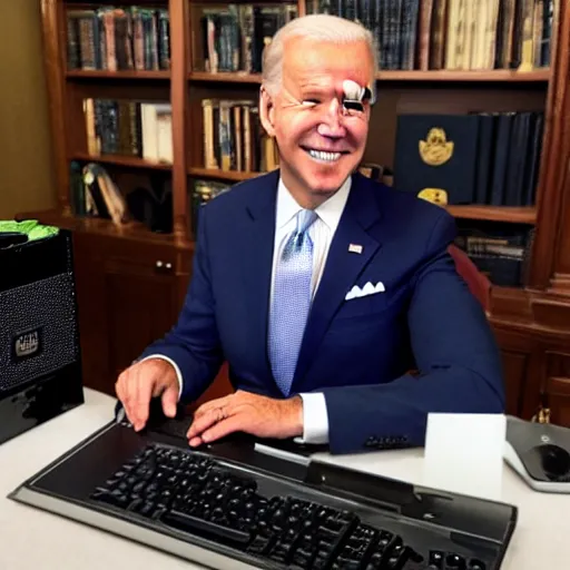 Prompt: photo of Joe Biden crouched over his gaming PC, his hands on the keyboard and mouse