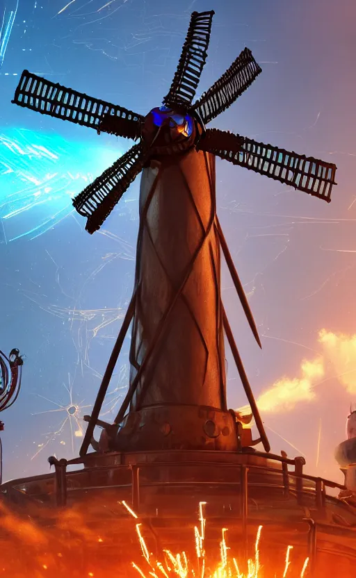 Image similar to a steampunk windmill, zoomed in, spinning fast, robot, blue fire, electricity lightning, concept art, sharp focus, intricate details, very high details, photorealistic, disney pixar, octane render, iridescent, anime, 8 k