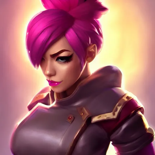 Prompt: Vi from League of Legends, by Fortiche Studio, by Riot Games, from Netflix's Arcane, trending on artstation character art,fine details, realistic shaded, fine-face, pretty face