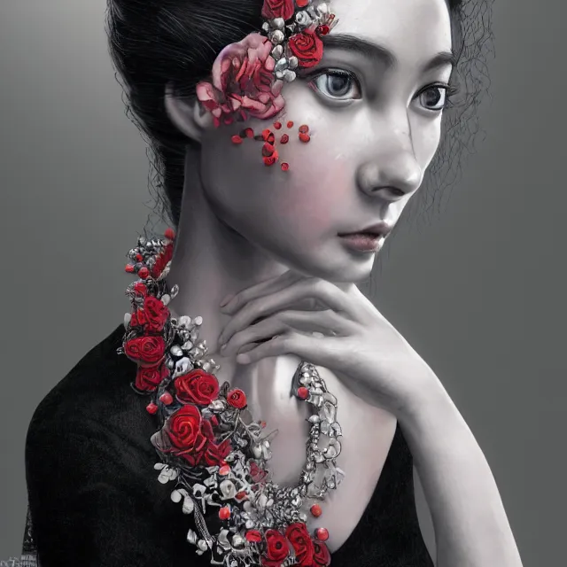 Image similar to studio portrait of absurdly beautiful, elegant, young woman made of rubies, ultrafine hyperrealistic detailed face illustration by kim jung gi, irakli nadar, intricate linework, sharp focus, bright colors, matte, octopath traveler, final fantasy, unreal engine highly rendered, global illumination, radiant light, intricate environment