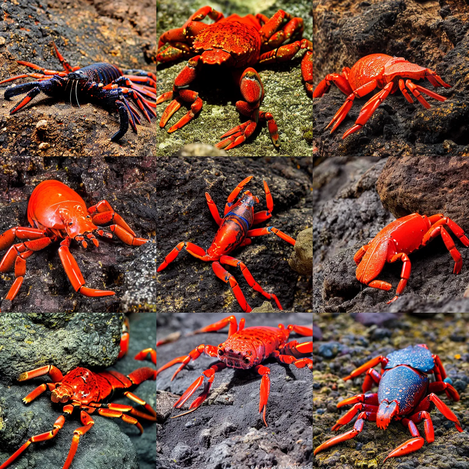 Prompt: a magma-lava-lobster, wildlife photography