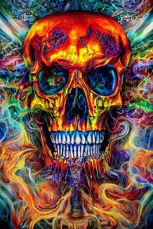 Image similar to 35 mm lens photo of chthonic scull lsd colors with sharp teeth and rgb background smoke, direct sunlight, glowing, vivid, detailed painting, Houdini algorhitmic pattern, by Ross Tran, WLOP, artgerm and James Jean, masterpiece, award winning painting