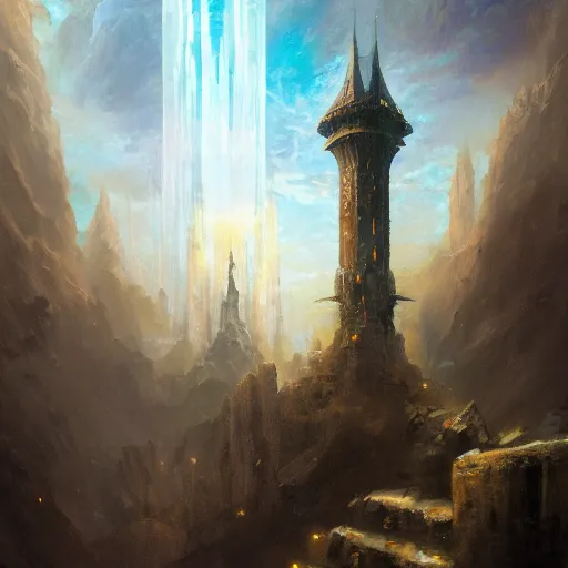 Prompt: Oil painting of an immensely high sky tower, stone building, stairway, D&D, Magic The Gathering, by Craig Mullins, intricate details, light rays from the surface, Nekro, Victo Ngai, centered, symmetrical, volumetric lighting