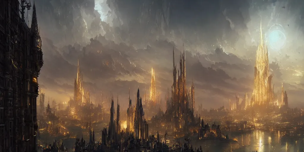 Prompt: majestic epic elven city by the ocean, with high golden towers. In style of Yoji Shinkawa and Hyung-tae Kim, trending on ArtStation, Greg Rutkowski, dark fantasy, great composition, concept art, highly detailed, scenery, 8K.