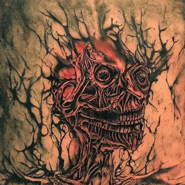 Image similar to dark tattoo, acid rich colors, giger beksinski gammell horror king chaos, bleeding colors, big budget movie scene, horror reality, award winning photograph, cinematic lighting, realistic!, hyperrealism, realistic refine flavor, real polaroid picture