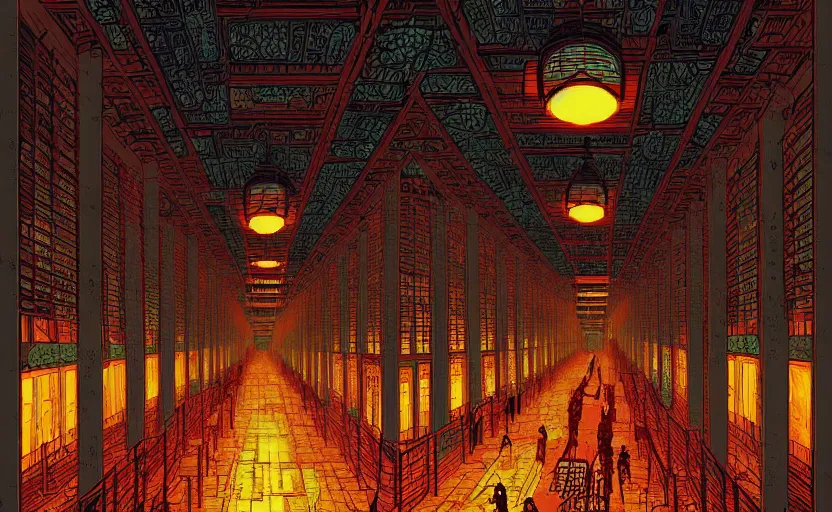 Image similar to artwork of a chinese prison by dan mumford and toshi yoshida and peter doig, vintage scifi, highly detailed, dramatic lighting, 8 k