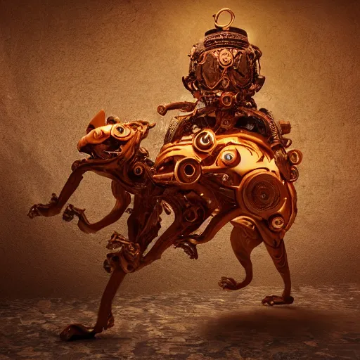 Image similar to mythical orange organic biomechanical cat riding. highly detailed, intricate steampunk ornate, poetic, 3 d render, digital art, octane render, 8 k artistic photography, photorealistic.