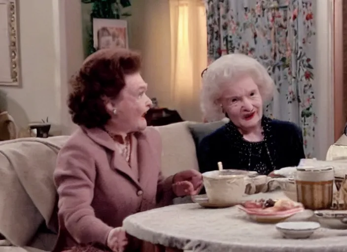 Image similar to a screenshot of jon snow speaking to betty white in an episode of the golden girls