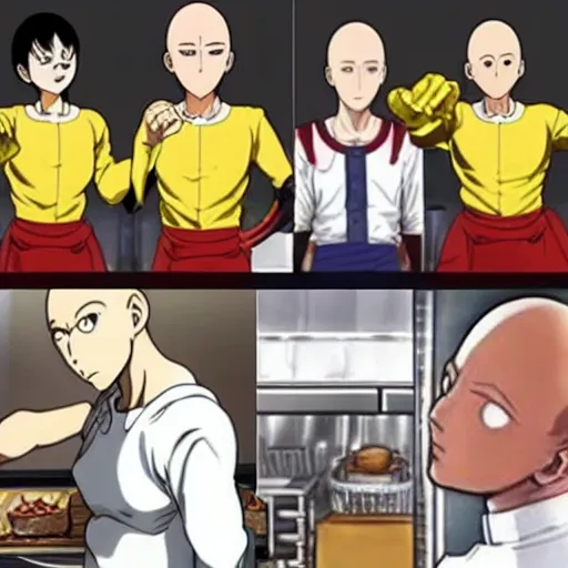 Prompt: saitama one punch man dressed as a baker, in a bakery kitchen, baking french baguette, one punch man instagram thirst trap photo shoot, perfect faces, very detailed, clear focus