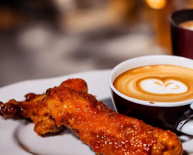 Image similar to A cup of coffee next to hot wings covered in a lot of cheese, Cinematic shot, 8k resolution