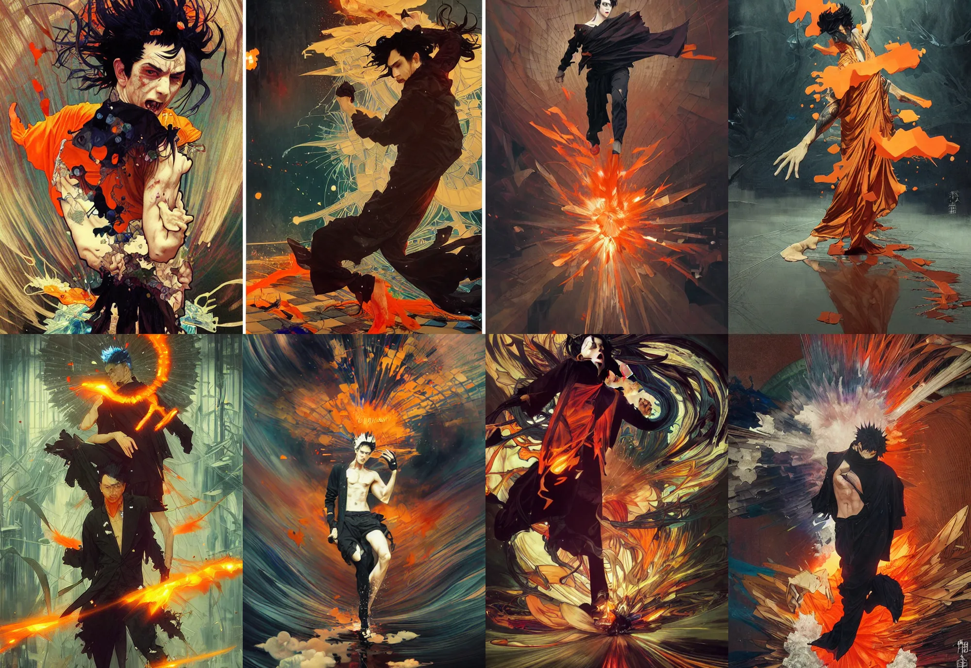 Prompt: a mad guy with spike black hair, orange spike aura in motion, damaged japanese clothes, floating pieces, painted by art by tsuyoshi nagano, greg rutkowski, artgerm, alphonse mucha