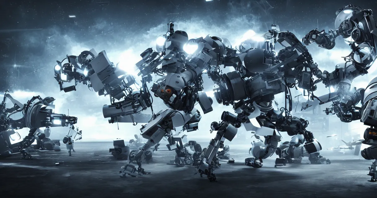 Image similar to robot fight, drama, high quality, vray, cg, crazy, space