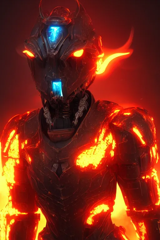 Image similar to Cybernetic Flame Armor, fantasy, photorealistic, glowing eyes, 4k, cinematic lighting, explosive, destroyed cityscape, powerful, bossfight