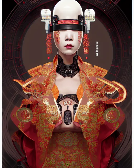 Prompt: portrait of a chinese cyberpunk machine, machine face, robed, upper half portrait, decorated with chinese opera motifs regal royal fierce machine robot cyberpunk fine china, wuxia, traditional chinese art intricate intense elegant highly detailed digital painting artstation concept art smooth sharp focus illustration, art by artgerm and greg rutkowski alphonse mucha 8 k