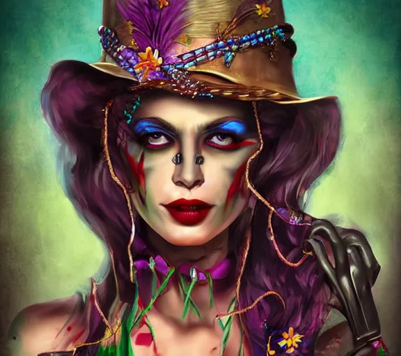 Image similar to beautiful female character inspired by new orleans mardi gras and street art vampire bounty hunter | | digital artwork made by greg rutswork, anna dittmann and lois van barlee, symmetrical rim light, anatomically correct