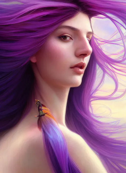 Image similar to Portrait of a woman with bright colored flying hair, all shades of purple. Hair coloring. Hair fluttering in the wind, amber eyes, face, long hair, fantasy, intricate, elegant, highly detailed, digital painting, artstation, concept art, smooth, sharp focus, illustration, art by artgerm and greg rutkowski and alphonse mucha