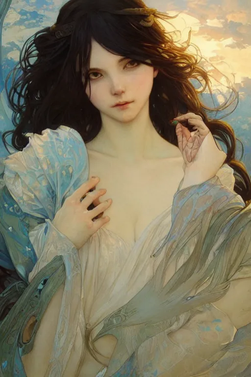 Prompt: perfect blue, dreamy and ethereal,, fantasy, intricate, elegant, highly detailed, digital painting, artstation, concept art, smooth, sharp focus, illustration, art by artgerm and greg rutkowski and alphonse mucha