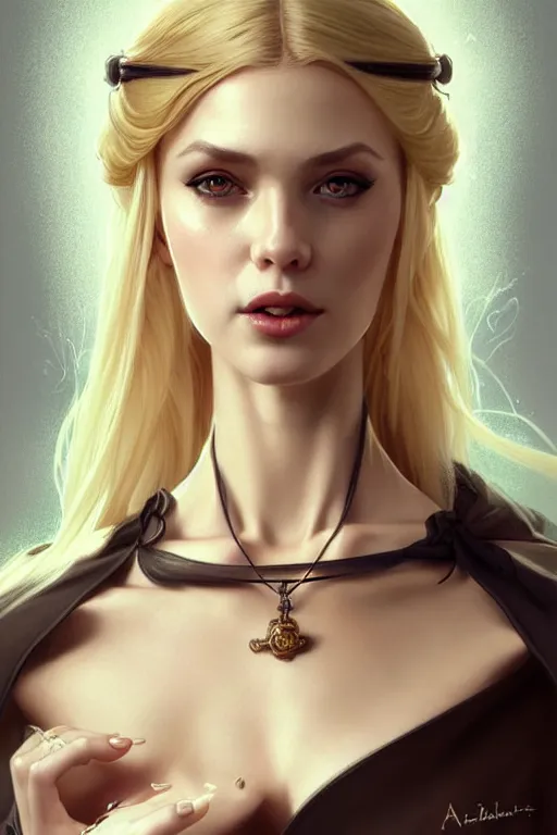 Image similar to Portrait of seductive female priest, D&D, revealing stylish dress, choker on neck, long blonde hair, mouth slightly open, slight nerdy smile, fantasy, intricate, elegant, highly detailed, digital painting, artstation, concept art, smooth, sharp focus, illustration, art by artgerm and greg rutkowski and alphonse mucha