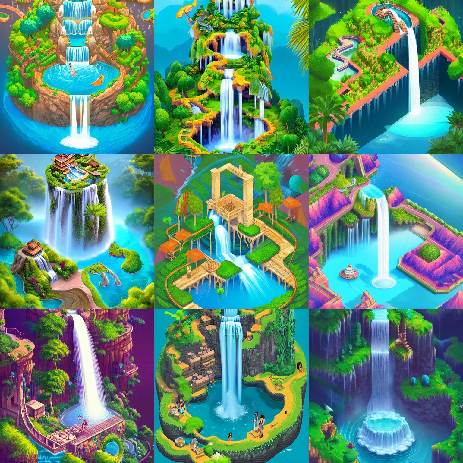 Prompt: isometric webdesign icon for paradise turkish garden with waterfall, by Artgerm, tooth wu, dan mumford, beeple, wlop, rossdraws, James Jean, Andrei Riabovitchev, Marc Simonetti, yoshitaka Amano, Artstation