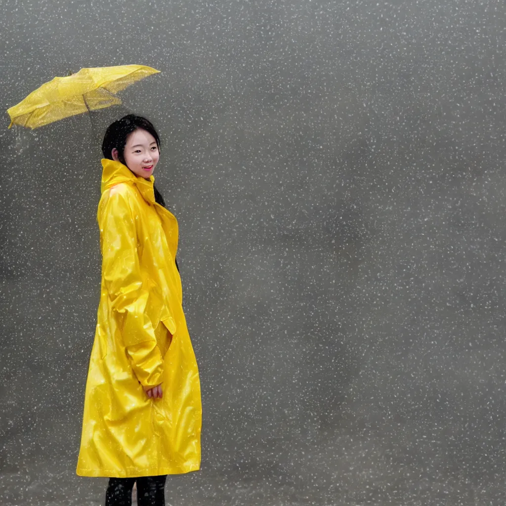 Prompt: of a Chinese girl in yellow rain coat.