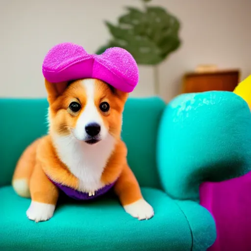 Image similar to 8k highly detailed photograph of the most adorable Corgi Puppy wearing a cute rainbow bowler hat, posing on my couch, golden hour,