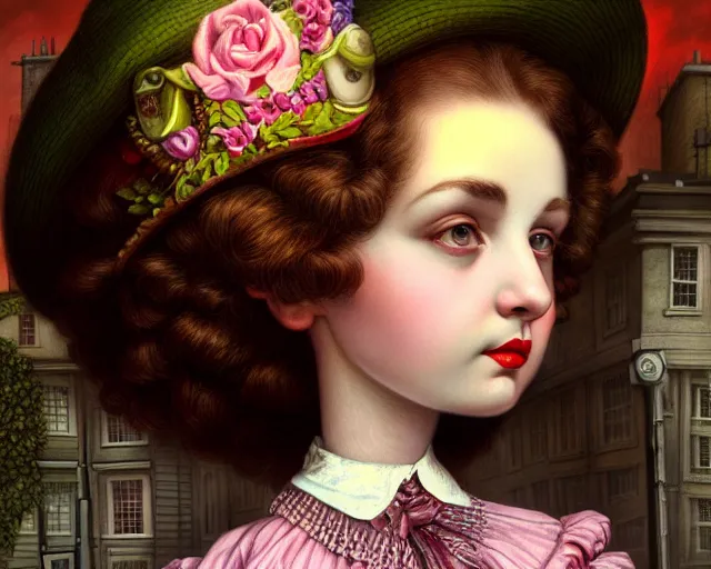 Image similar to closeup profile portrait of victorian london streets, mark ryden, lostfish, max fleischer, hyper realistic, artstation, illustration, digital paint, matte paint, vivid colors, bright, cheerful, detailed and intricate environment