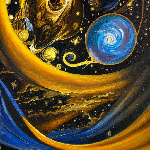 Prompt: black and gold art deco style oil painting on canvas of detailed space maelstrom, highly detailed, Nigredo, dark enlightenment, alchemy, Vibrant volumetric natural light.