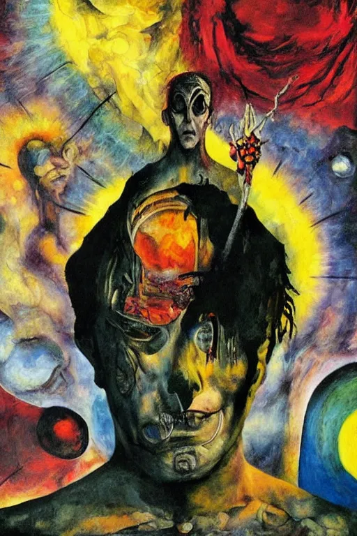 Prompt: surreal a lithe brian molko as delirium of the endless, the sandman, in a post apocalyptic hellscape, esoteric symbolism, intense emotional power, red yellow black, palette knife oil painting by peter booth, josh kirby and william blake