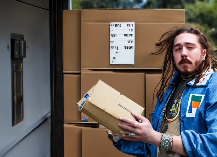 Image similar to dslr photo still of post malone as a postal worker mailman putting letters in mailbox and delivering packages to door, 8 k, 8 5 mm f 1 6