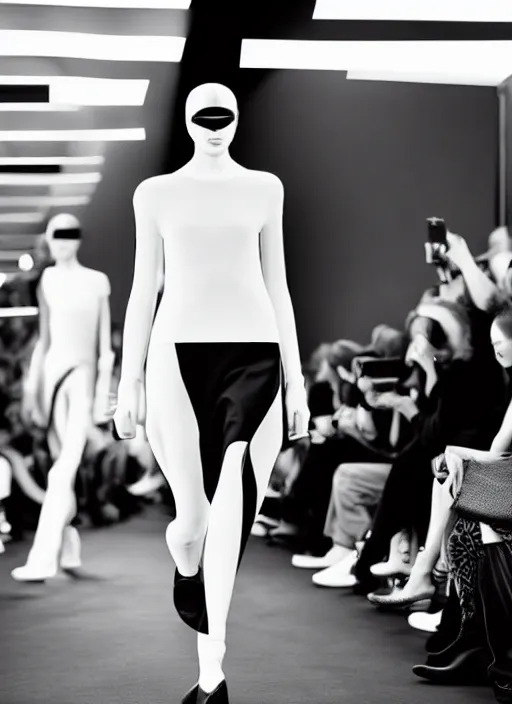 Image similar to still photo of balenciaga fashion show cat walk, black and white color aesthetic, highly detailed, photorealistic portrait, bright studio setting, studio lighting, crisp quality and light reflections, unreal engine 5 quality render