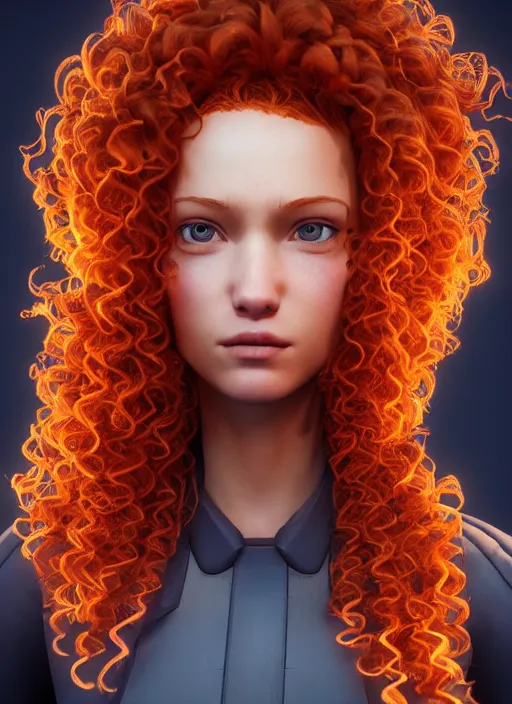 Image similar to glowwave portrait of curly orange hair girl as a agent, au naturel, hyper detailed, digital art, trending in artstation, cinematic lighting, studio quality, smooth render, unreal engine 5 rendered, octane rendered, art style by pixar warner bros dreamworks disney riot games and overwatch