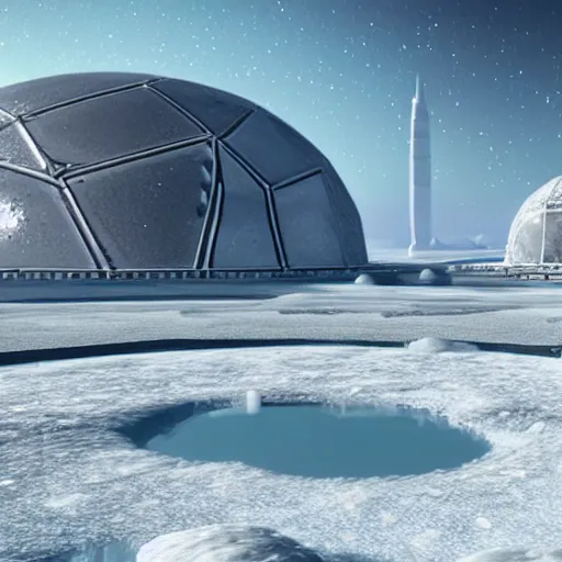 Prompt: a space colony on a icy planet with a frozen lake in the middle, the buildings being mostly domes