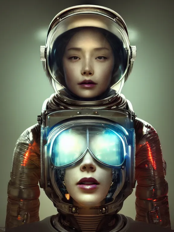 Prompt: portrait art of 8k ultra realistic retro futuristic female astronaut helmet, lens flare, atmosphere, glow, detailed,intricate,blade runner, cybernetic, full of colour, cinematic lighting, trending on artstation, 4k, hyperrealistic, focused, extreme details,unreal engine 5, cinematic, masterpiece, art by ayami kojima, giger