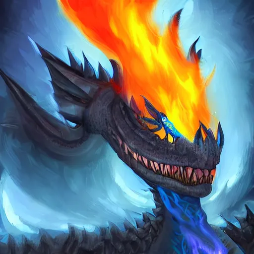 Image similar to a blue dragonborn with half of his face flaming with blue flame standing in a big cave, digital art