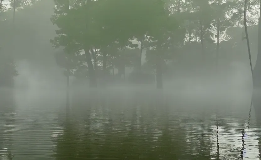 Image similar to augusta national, the masters, nr. 1 2, completely flooded, beautiful ambient light, stunning photography, fog, light rays