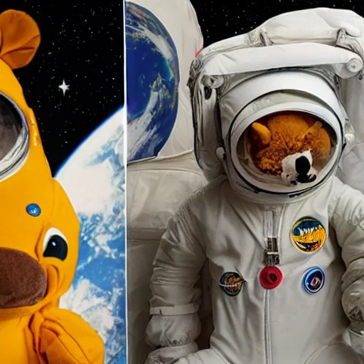 Image similar to TY Beanie Baby animals dress up in space suits and play on the James Webb Telescope in space.