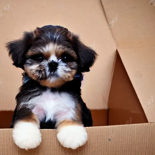 Prompt: cute shih tzu puppy in a cardboard box