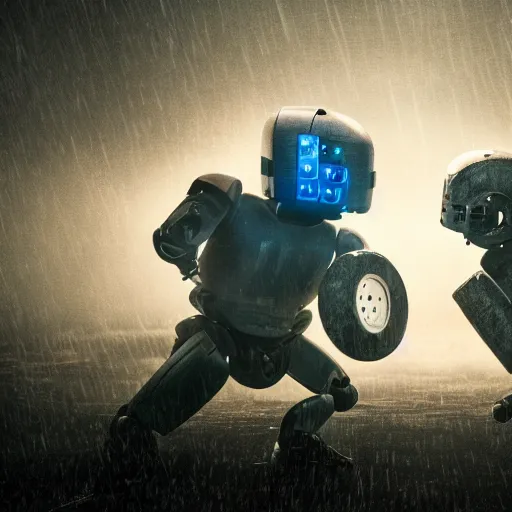 Prompt: 2 robot warriors battling each other in heavy rain, ground fog, lighting, moody lighting, 8 k, shallow depth of field, cinematic lighting,