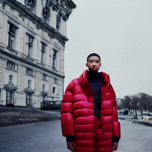 Image similar to realistic photoshooting for a new balenciaga lookbook, color film photography, portrait of a blonde asian woman, model wearing a puffer jacket, photo in style of tyler mitchell, 3 5 mm,