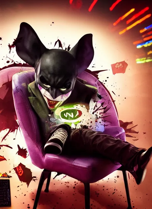 Prompt: Rat with Joker face paint sitting on gamers chair on gaming computer typing on keyboard, gaming, computer, gamers keyboard, looking sad, crying in the dark and gloom, defeating Batman, realistic, digital art, 4k, cinematic lighting, explosion in the background