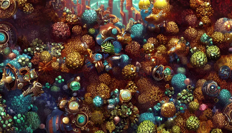 Image similar to steampunk coral reef, octane render, high detail, trending on artstation, high quality wallpaper