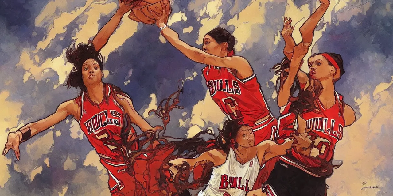 Prompt: candace parker playing basketball in a chicago bulls jersey art by artgerm and greg rutkowski and alphonse mucha, wide angle view,