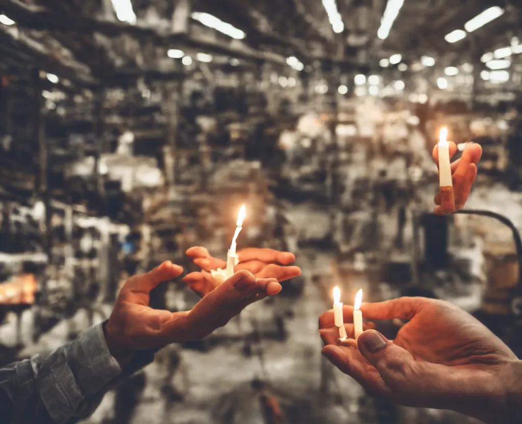 Image similar to first person point of view of man holding candle with his hand in a factory