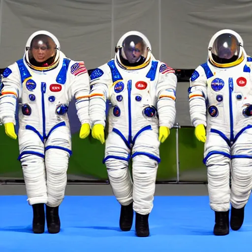 Image similar to 5 space astronauts in spacesuits of different colors, running in a relay race in a stadium, olympic games