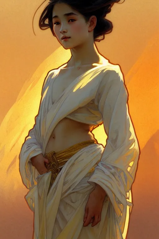 Prompt: full figure oriental young girl, luminous scene, by greg rutkowski and alphonse mucha, d & d character, gradient white to gold, in front of a dune desert background, highly detailed portrait, digital painting, artstation, concept art, smooth, sharp focus illustration, artstation hq