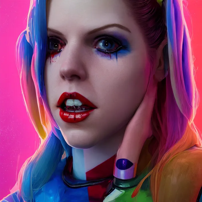 Image similar to portrait of Anna Kendrick as harley quinn. intricate abstract. intricate artwork. by Tooth Wu, wlop, beeple, dan mumford. octane render, trending on artstation, greg rutkowski very coherent symmetrical artwork. cinematic, hyper realism, high detail, octane render, 8k, iridescent accents